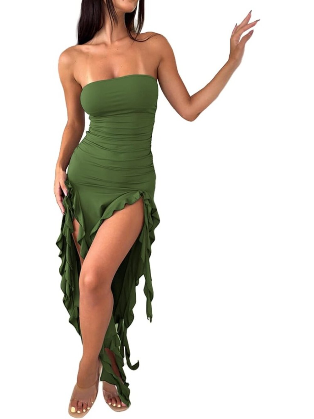 Women Army Green Strapless Ruffle Bodycon Maxi Dress Tube Top Ruched Split Thigh